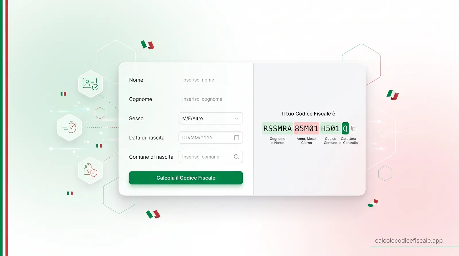 Calcolatore online del codice fiscale italiano con il risultato scomposto per blocchi